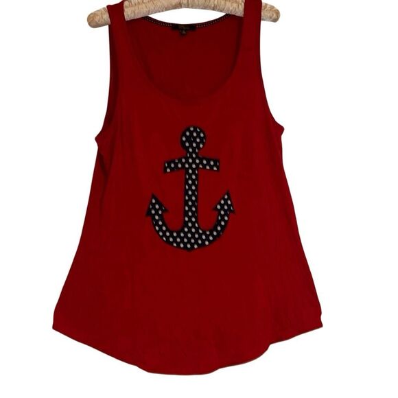 Cupio Red Sleeveless Embroidered Patch Anchor Stretch Tank Top Ladies Medium - Picture 1 of 8
